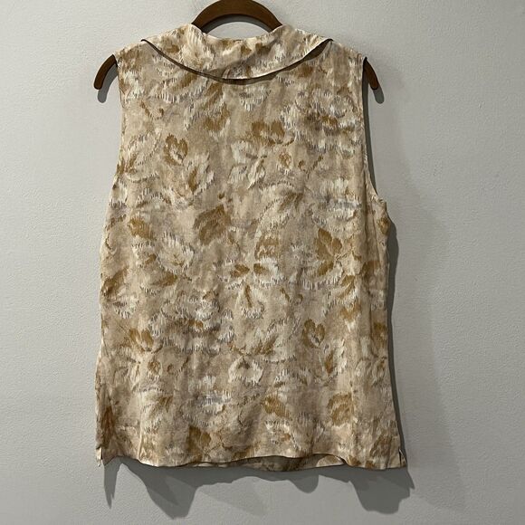 Talbots Top 100% Silk Women’s 16 Brown Cream Leaf Ruffle Neck Sleeveless - Picture 2 of 6